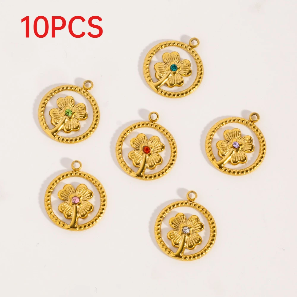 10Pcs Four Leaf Clover Charms Stainless Steel Rhinestone DIY Round Pendants Flower Jewelry Accessories