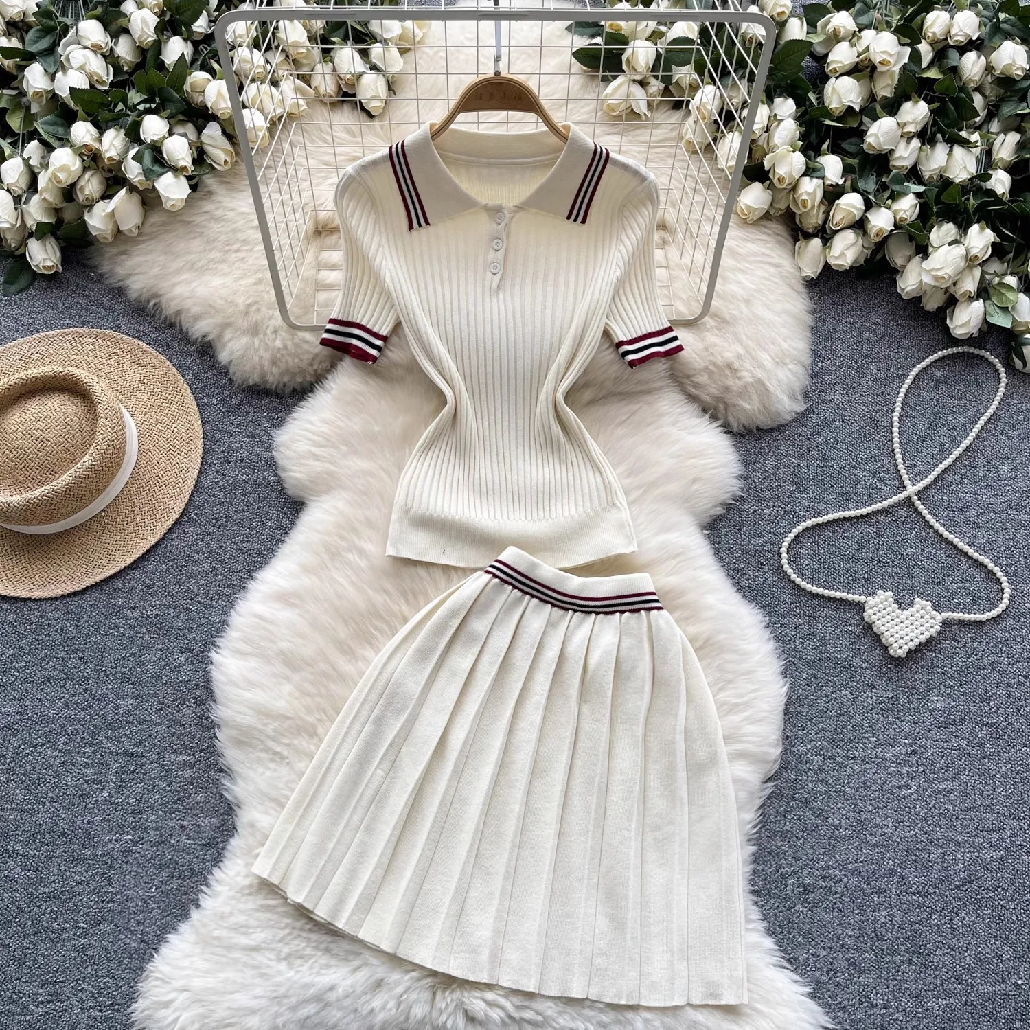 

Short Sleeved Top High Waisted Pleated Skirt Preppy Style Wweater Polo Collar Short Sleeve Top High Waist Pleated Skirt Suit