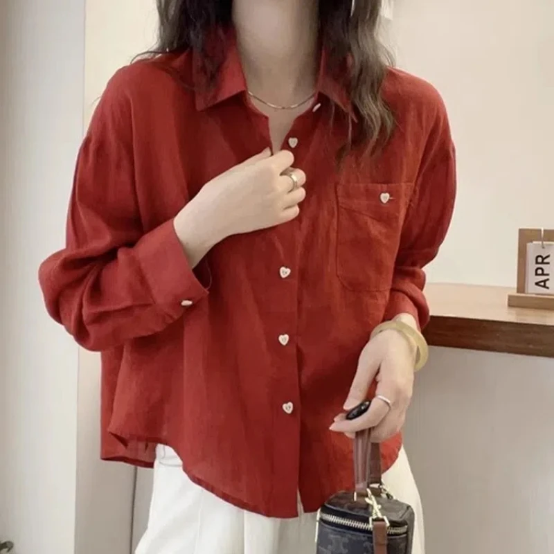 Spring Autumn New Solid Color Shirt Women POLO Collar Long Sleeve Fashion Button Cardigan Vintage Elegant Pocket All-match Tops