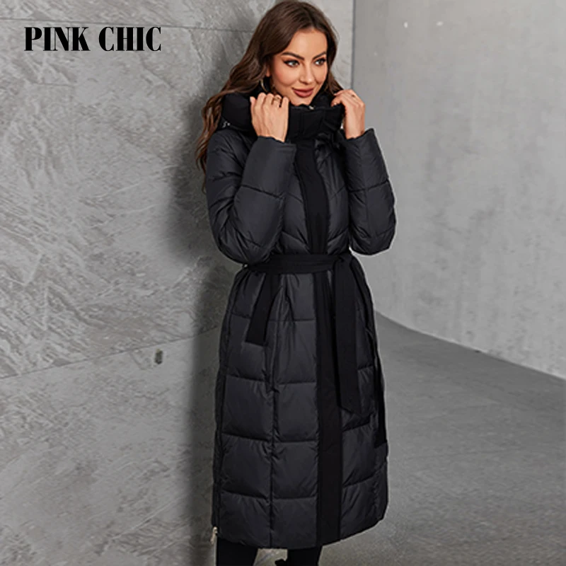 PINK CHIC Thickened Long Women\'s Winter Down Jacket Slim Fashion Quilted Jacket Hooded Snow Jacket W6558