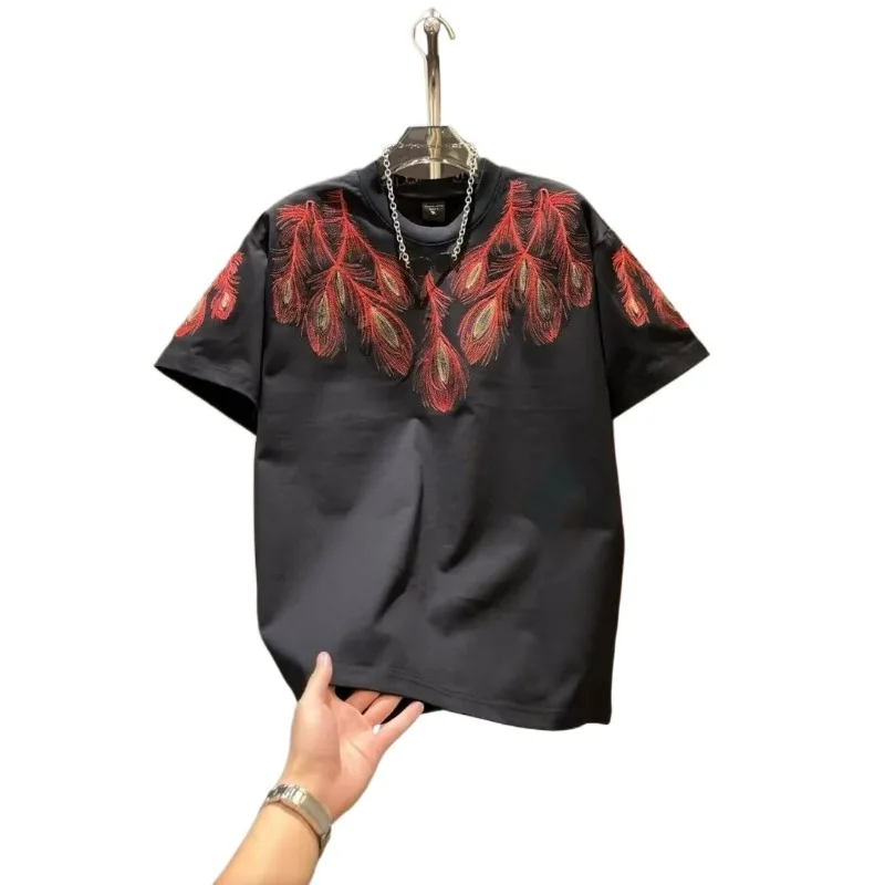 Summer New National Trend Feather Embroidery Short-sleeved T-shirt for Men American Fashion Brand Design Casual Half-sleeved Top