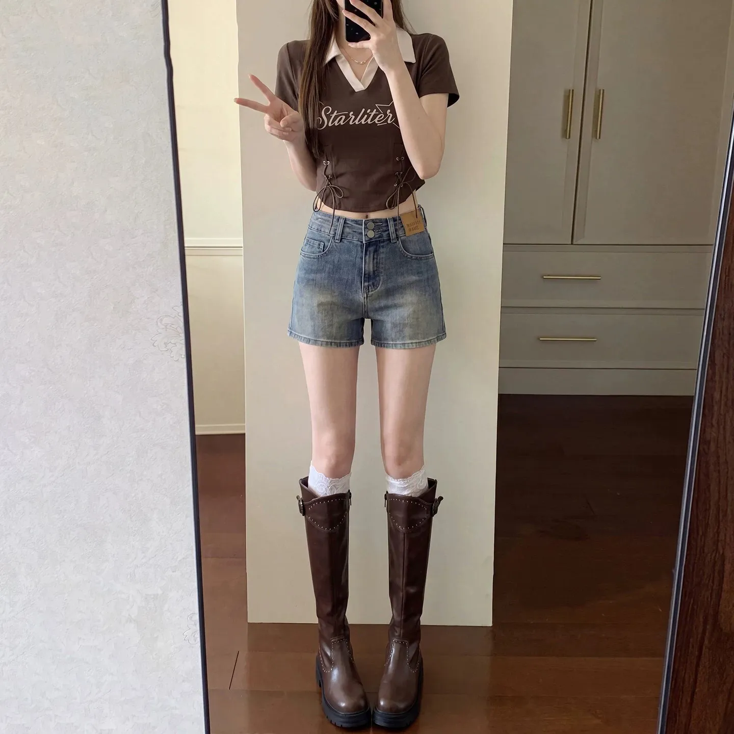 

Retro A-Line Denim Shorts Women's Slimming Versatile Casual Summer High Waist Cotton Stretch Jeans High Waist Zipper Closure