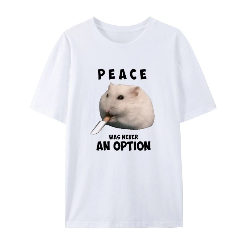 Hamster. Peace Is Never An Option. White Casual T-shirt, Unisex Luxury Brand Top.