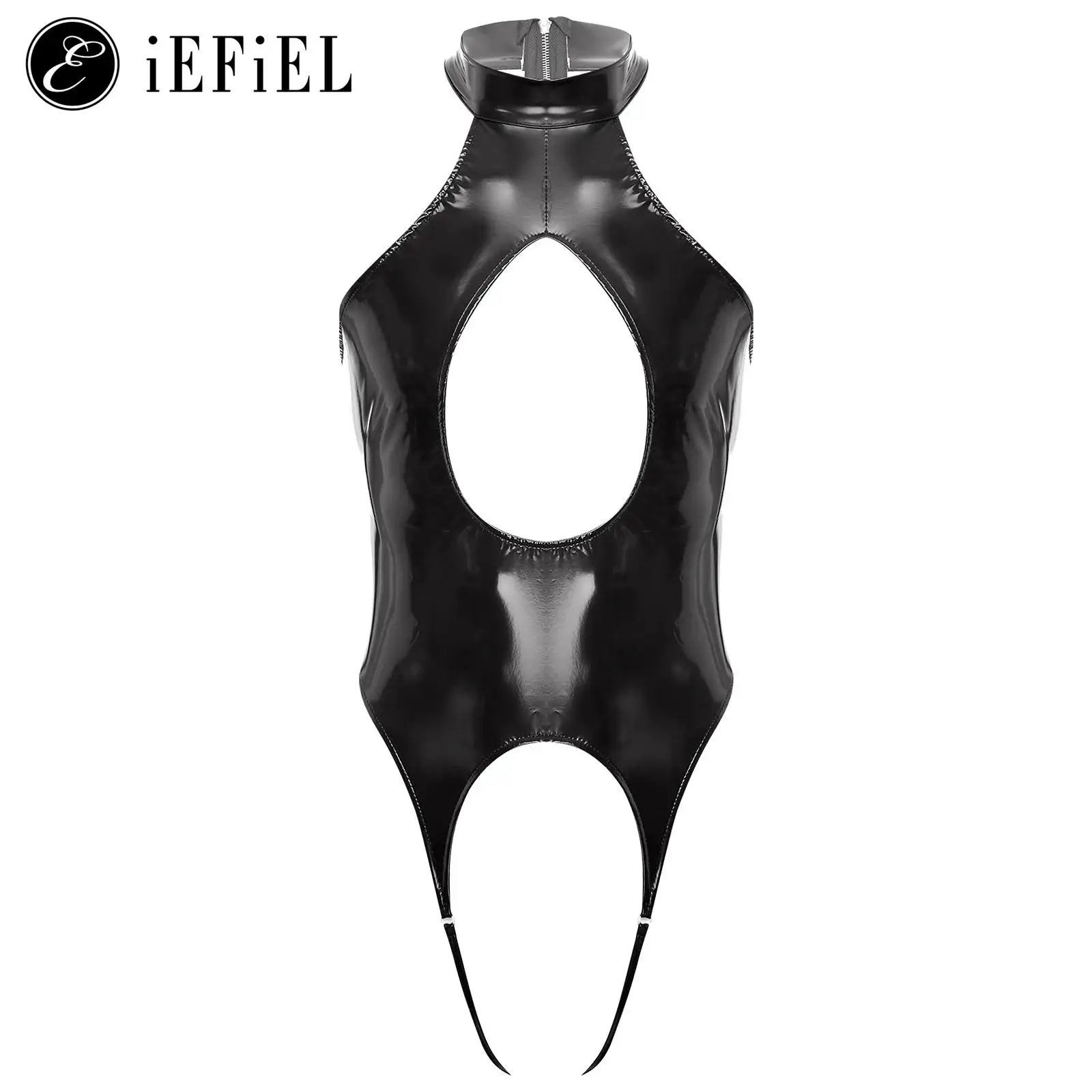 Mens Wetlook Patent Leather One Piece Bodysuits Halter Cutout Front and Back Crotchless Lingerie Sexy Teddy Club Dancewear