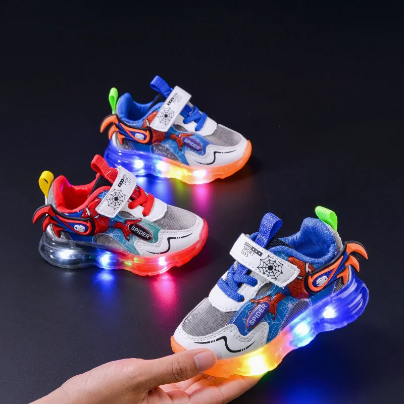 Disney Boys Spiderman Sneakers Disney LED Children\'s Sport Shoes Student Shoes Fashion Anti-slip Kids Outdoor Shoes