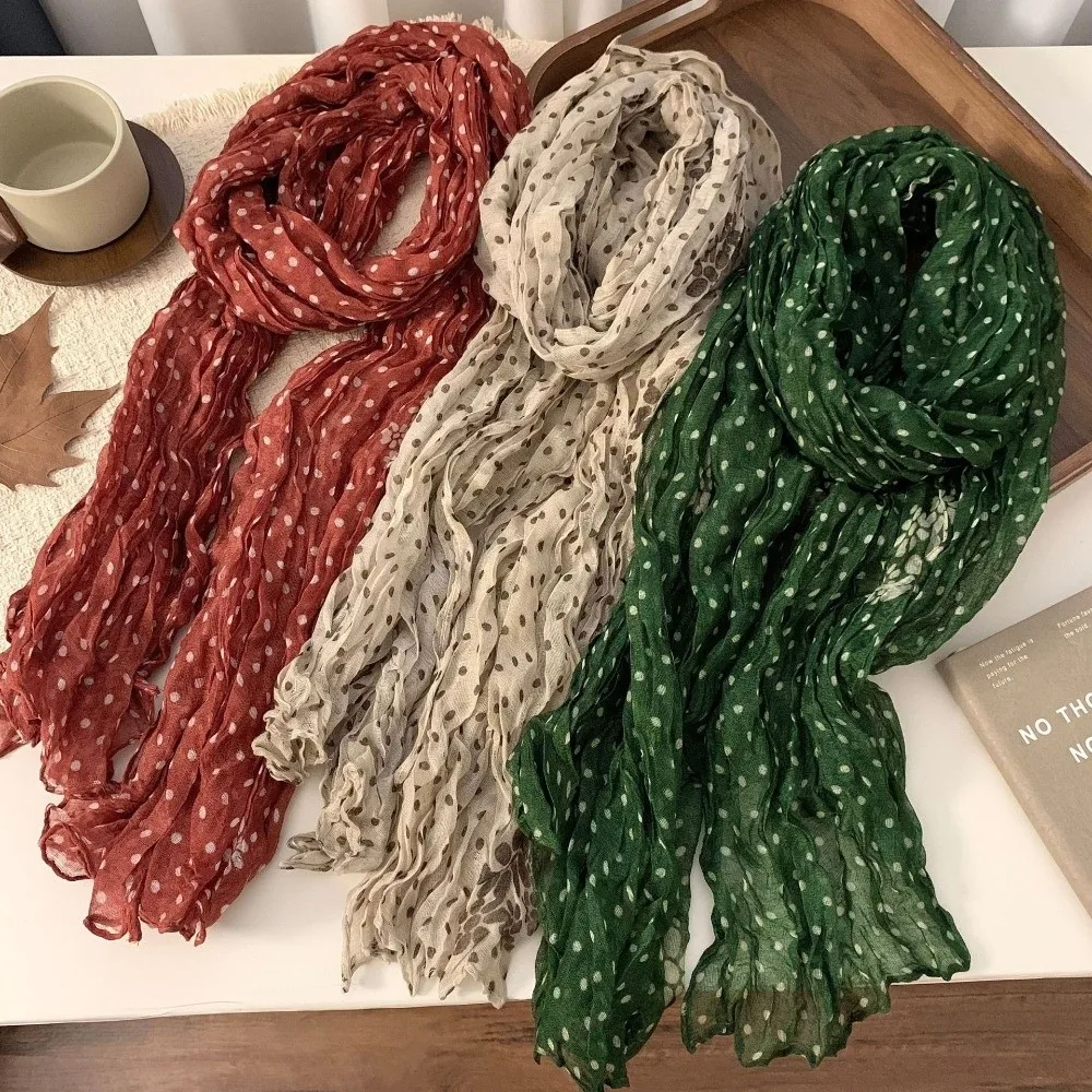 Elegant Floral Print Cotton Linen Scarf Wrinkle Frill Trim Twisted Scarf Versatile Wear Female Headscarf Women