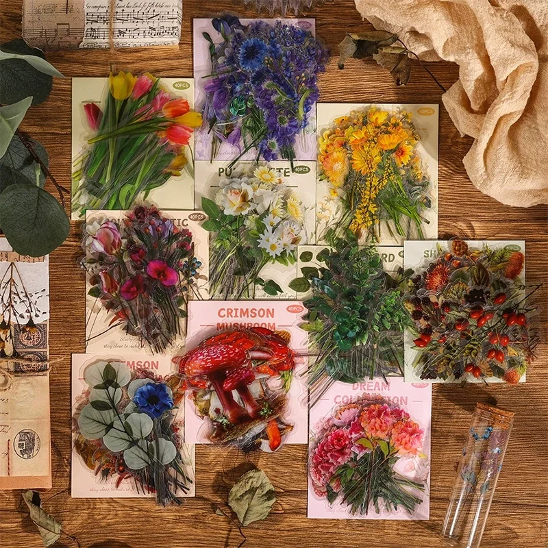40 Stück Retro Naturmuseum-Stil Handkonto-Aufkleber, PET Blumen-, Pflanzen- und Schmetterlings-Sticker für Scrapbooking, Kartenherstellung