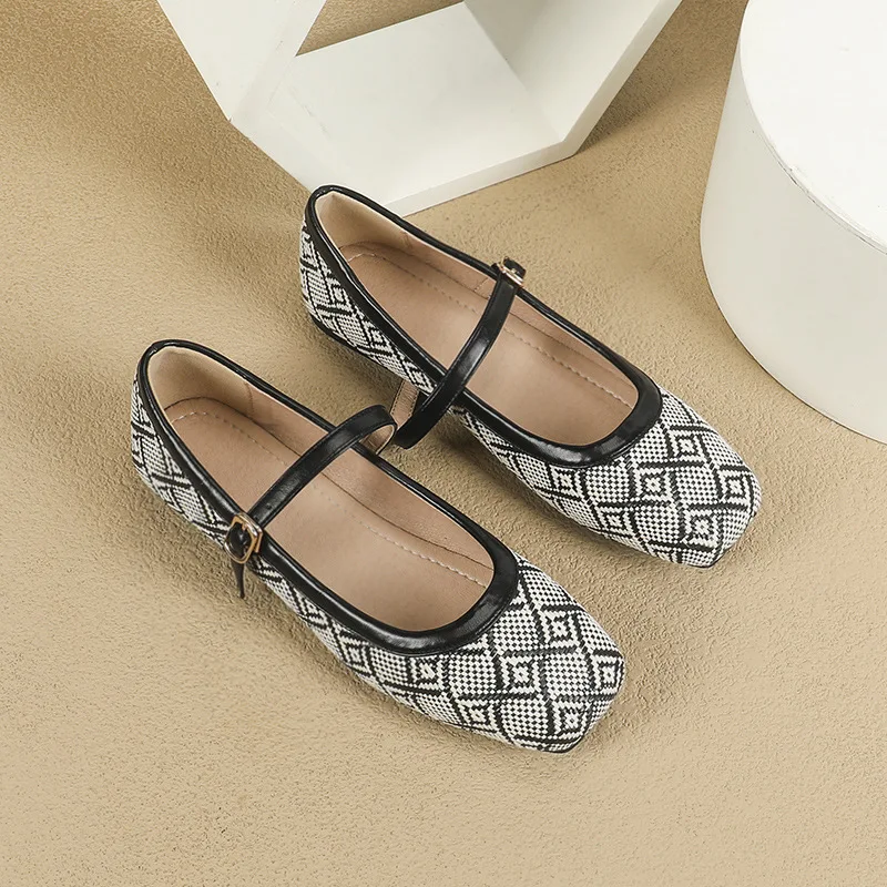 Plus Size 35-44 Women's Mary Jane Shoes Checkered Flats Low Heel Pumps Office Lady Leahter Shoes Slip on Female Shoe