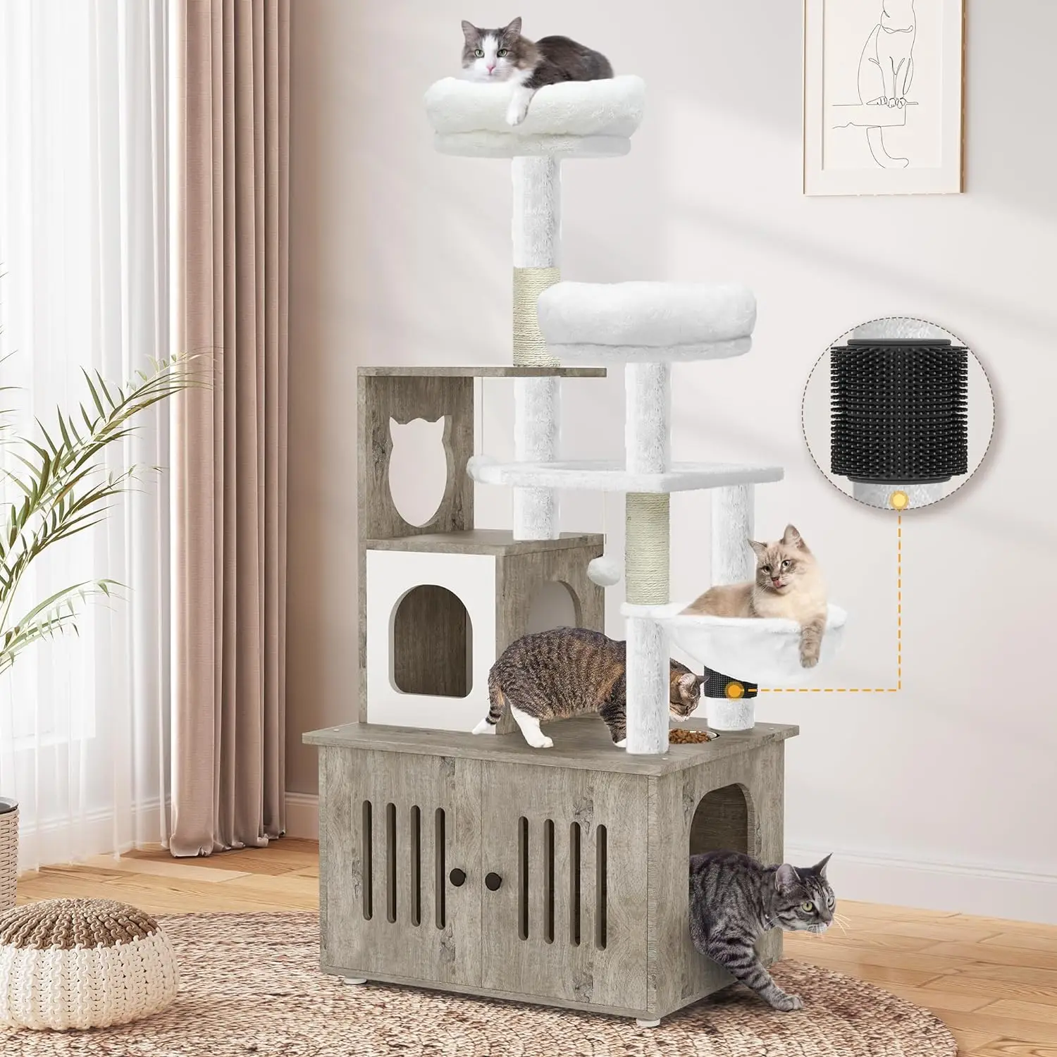 

59 Inch Cat Tree with Litter Box Enclosure, 2-in-1 Cat Furniture Condo, Indoor Cat Tower with Wood House