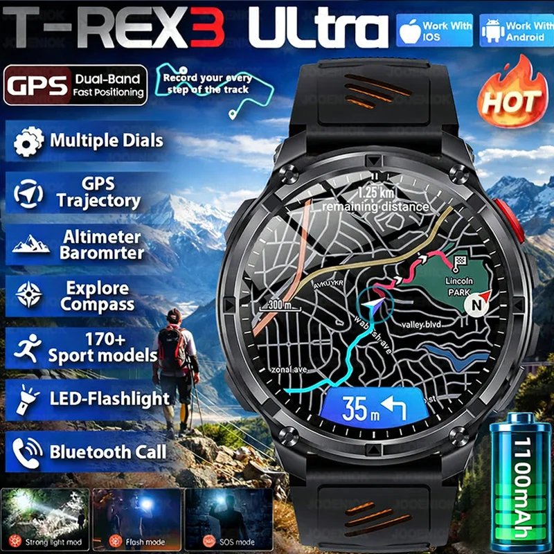 

Смарт-часы T-Rex3 Ultra с аккумулятором 1100 мАч, GPS-трекером, водонепроницаемостью 5ATM, для спорта, бега, походов, активного отдыха, с компасом, военные смарт-часы, новинка 2026 года