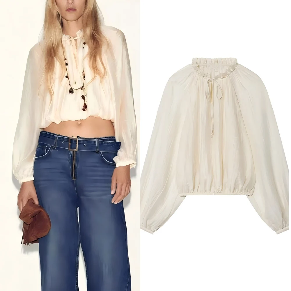 

Women's new fashion lace up decoration casual short draped pleated shirt retro bubble sleeved women's shirt chic top