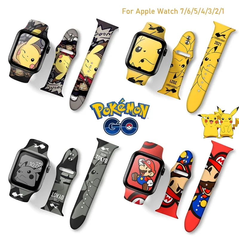 Pokemon Pikachu Apple Watch Strap Cartoon Anime IWatch Band 7 6 5 4 3 Se TPU 45mm 41mm 44mm 42mm 40 38mm Cool Print Trend Strap