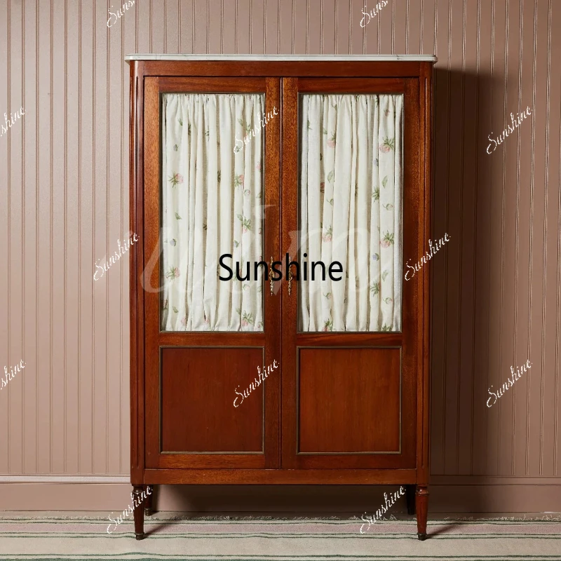 

French retro solid wood wardrobe small apartment bedroom independent, walnut color, storage