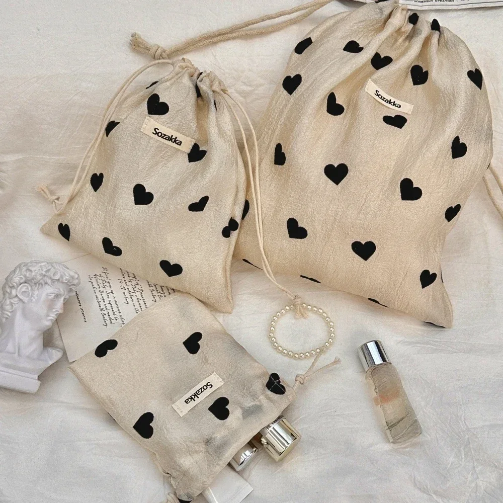 Cute Heart-shaped Print Drawstring Bag Polyester Vintage Drawstring Pocket Coin Purse Pouch Storage Bags for Women