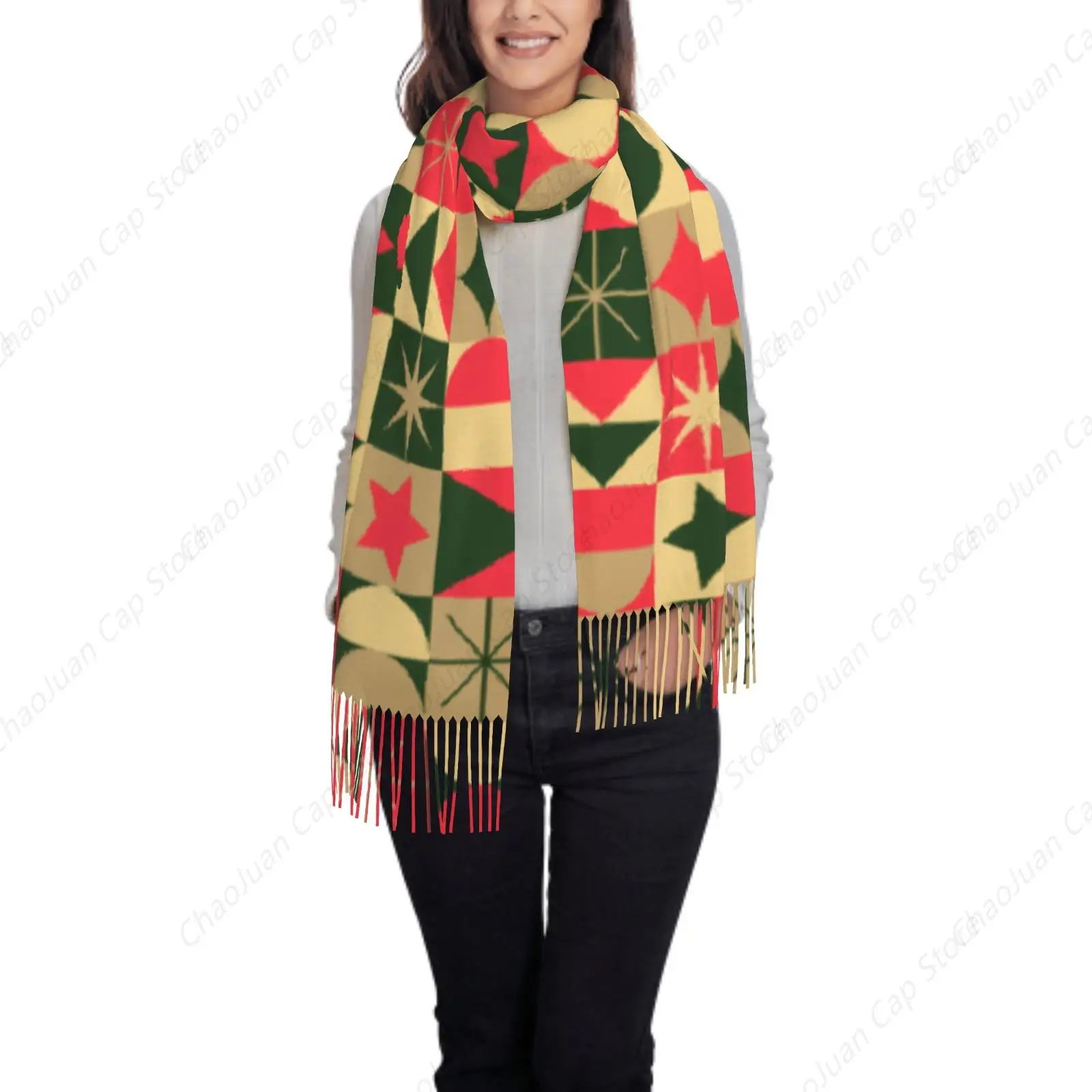 

Yellow Red Green Geometric Christmas Print Cashmere Feel Winter Scarf Fashion Soft Warm Women Blanket Shawl Wrap