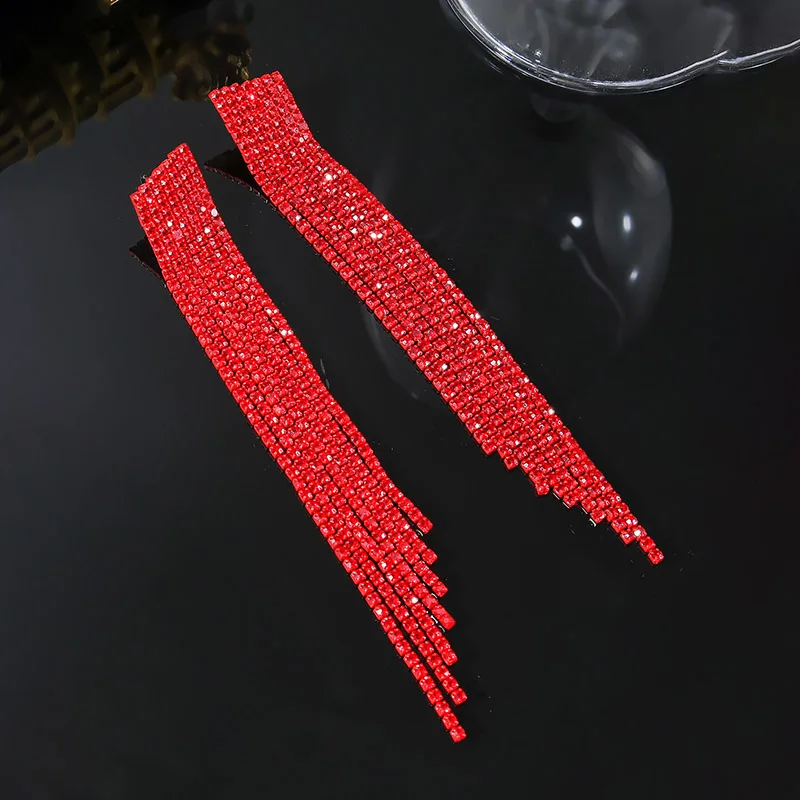 Black Red Prom Chandelier Earrings Rhinestone Sparkling Dangling Wedding Ear Studs Long Tassel Earrings Jewelry For Women