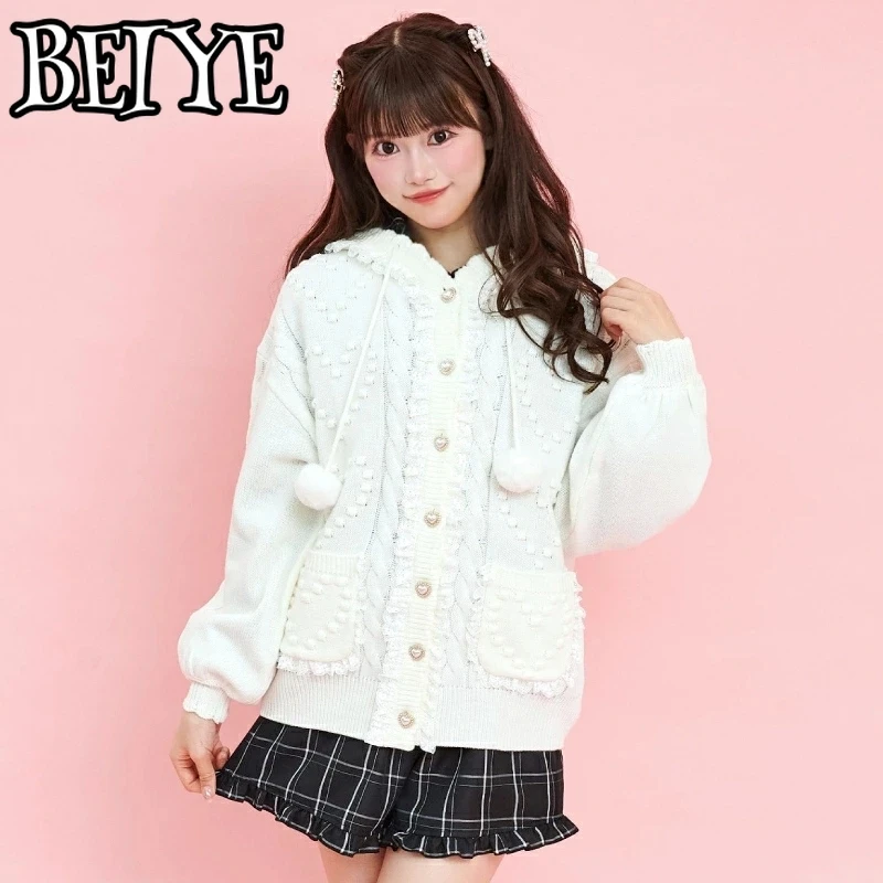 

Sweater Winter Japanese Solid Knitted Cardigan Hooded Plush Pom-pom Sweater Jacket Medium And Long Sweet Y2k Versatile Knitwear