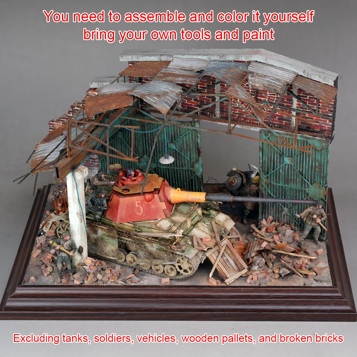 Architektonisches Gebäudemodell zum Zusammenbauen, Miniatur-Diorama einer zerstörten Fabrik, Maßstabsmodellbausatz, Holz-Display-Basis, Auto-Ständer, 1/35 – Detail 4