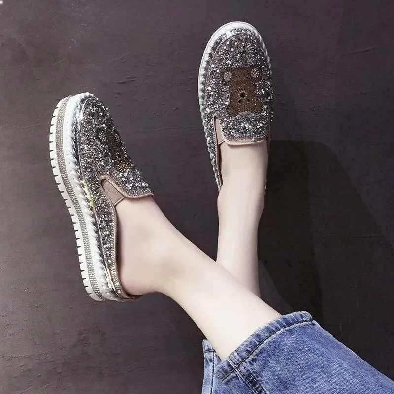 Baotou Half Drag Spring New Round Head Mid-mouth Rhinestone Lazy Shoes Fashion Sequin Flip-flops