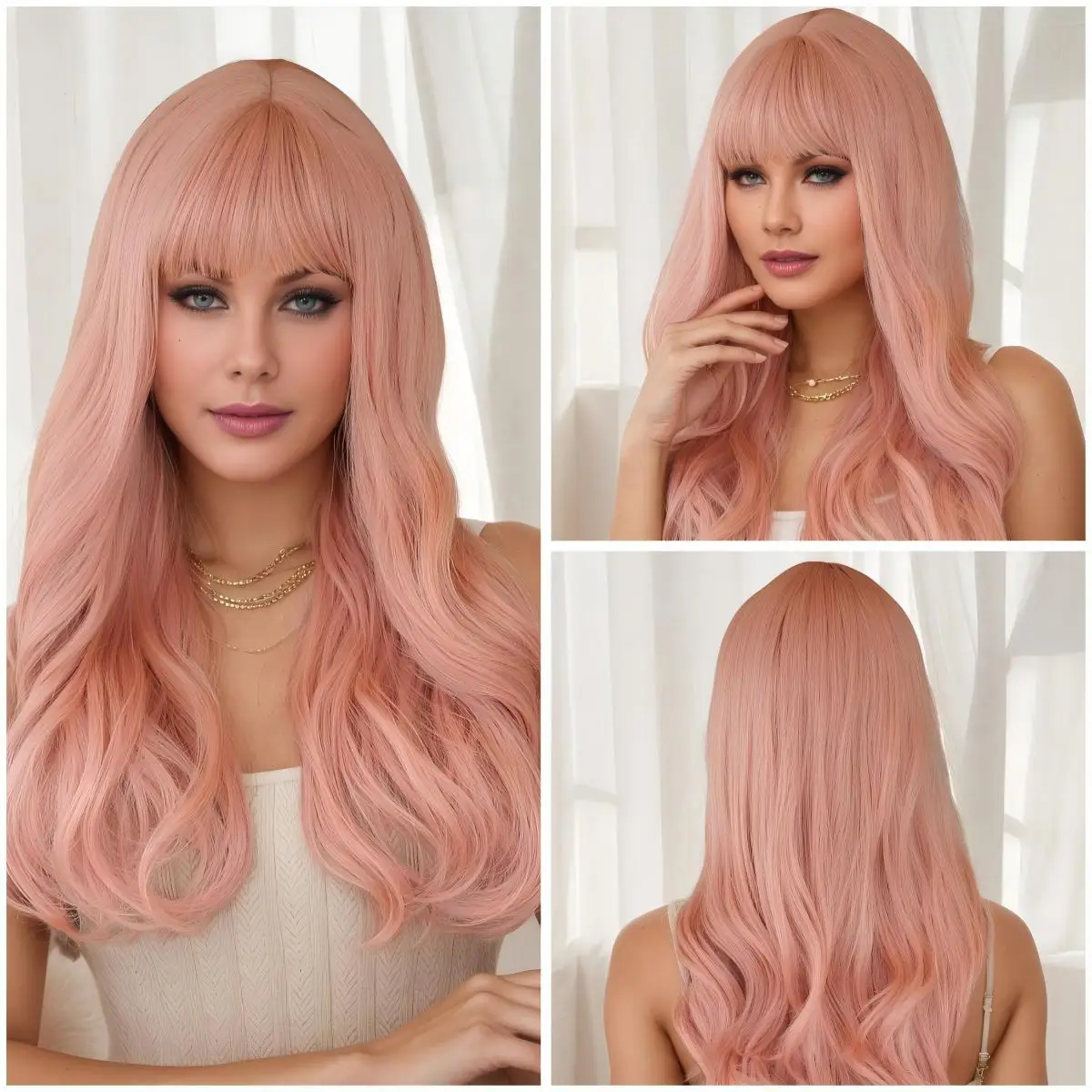 Women Long Curly Wig Pink Color Full Fringe Fashion Party Sweet Style Hairpieces cosplay wig
