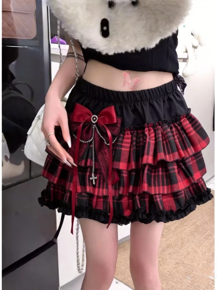 Y2K Korean Dark Irregular Red Plaid Pleated Ruffle Tiered Mini Skirt Women High Waist Bow Cross Chain Lace Trim Slim Fit Sexy