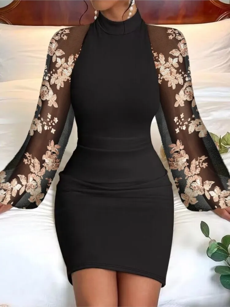 Abiti autunnali per le donne manica divisa maglia trasparente con paillettes vestito aderente Y2k Vestido De Mujer casual elegante mini abito femminile 2023