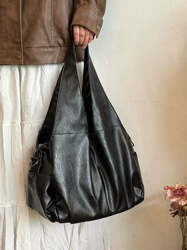 

White le American Retro Leather Tote Bag Women Large Capaci Soft PU Motorcycle Bag Faionable oulder Crossbody Bag