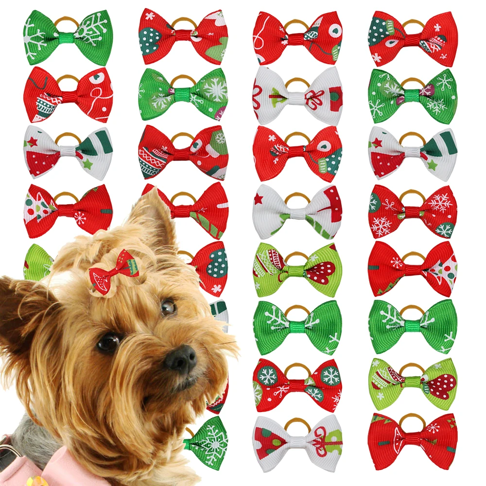 20pcs Christmas Dog Bows Samll Dog Hair Bows Rubber Bands Products Handmade Cute Grooming Holiday Party Pet Supplies Accessories