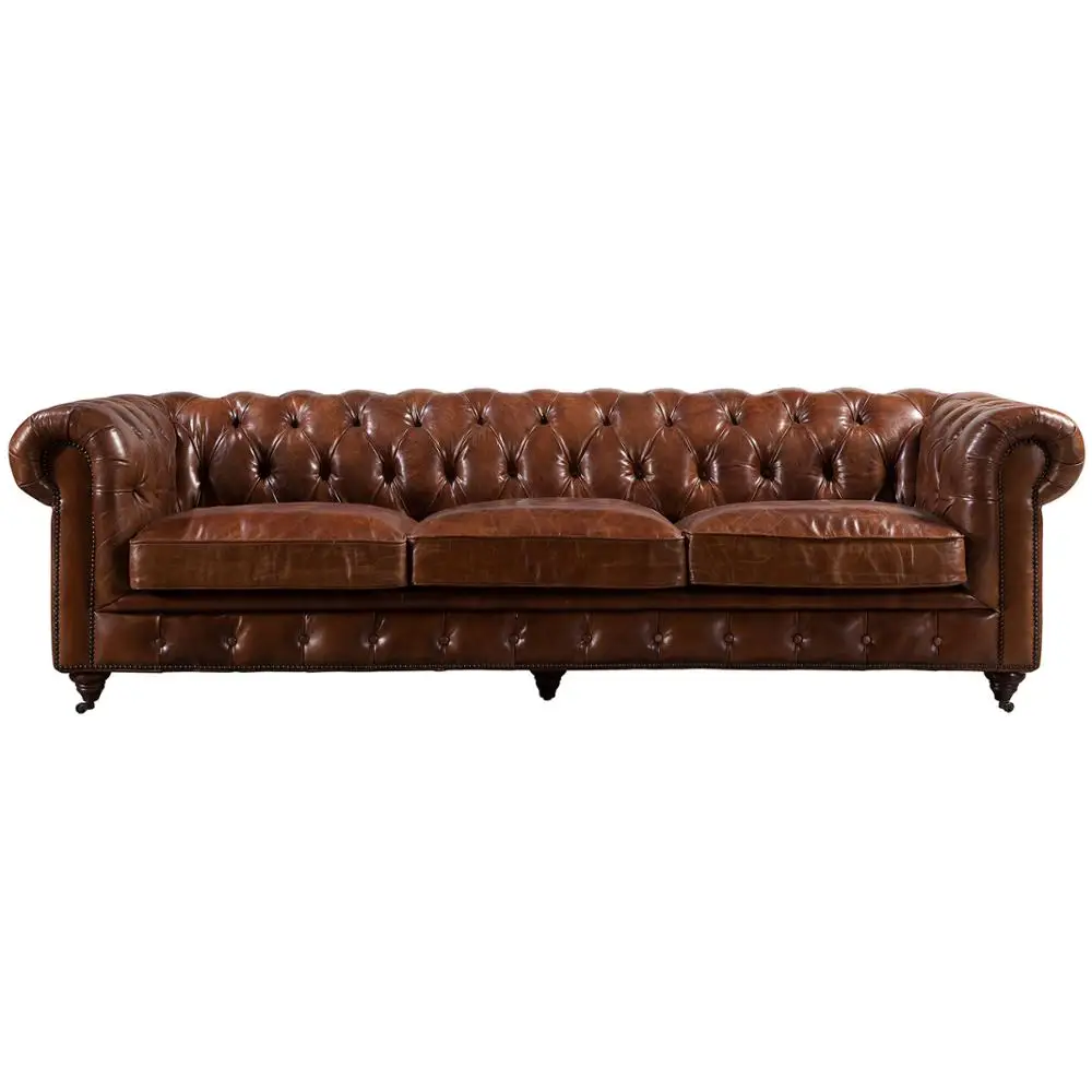 Vintage Genuine Leather Sofa With Cushion Brown Tufted Home Hotel Furniture Italian