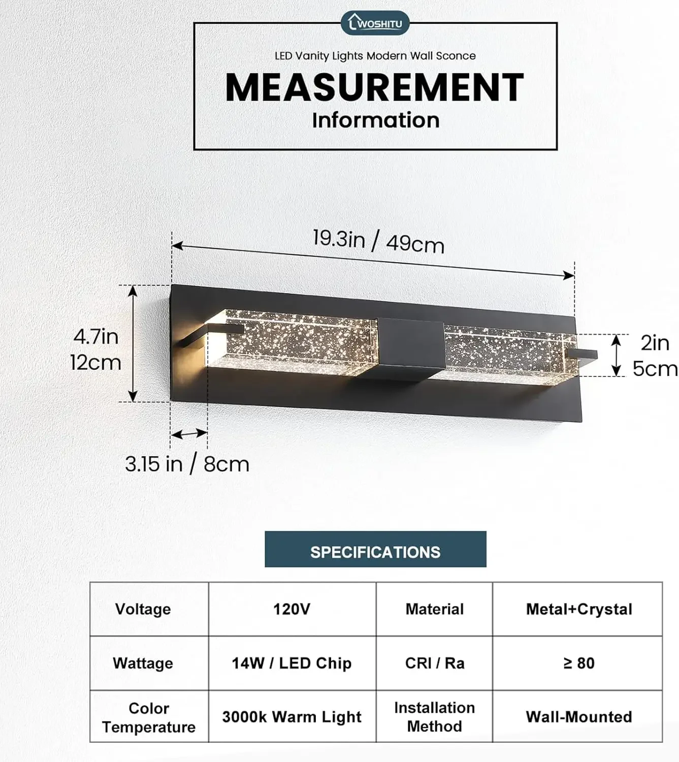 Aplique de pared LED: apliques modernos negros de 19 pulgadas, iluminación de pared, lámparas de pared de cristal regulables de 3000K, aplique de baño interior