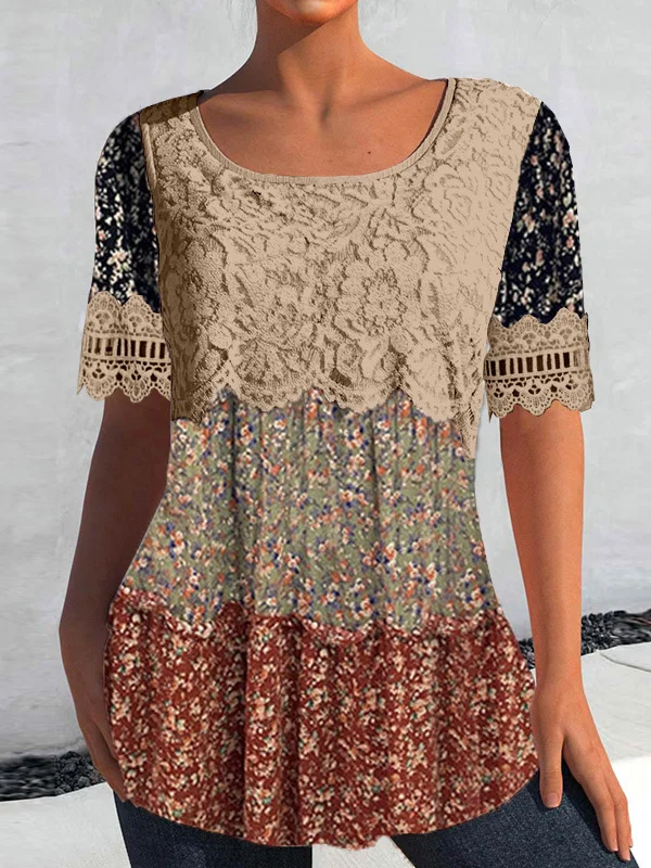 

Plus Size Women's Summer Short Sleeve Round Neck Lace Stitching Pattern Top