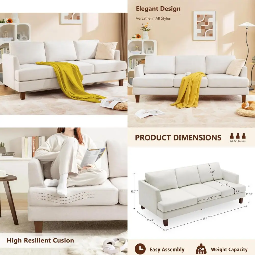 

"spacious 3-seat mid-century modern sofa with deep seating and armrests for living room and bedroom comfort"
