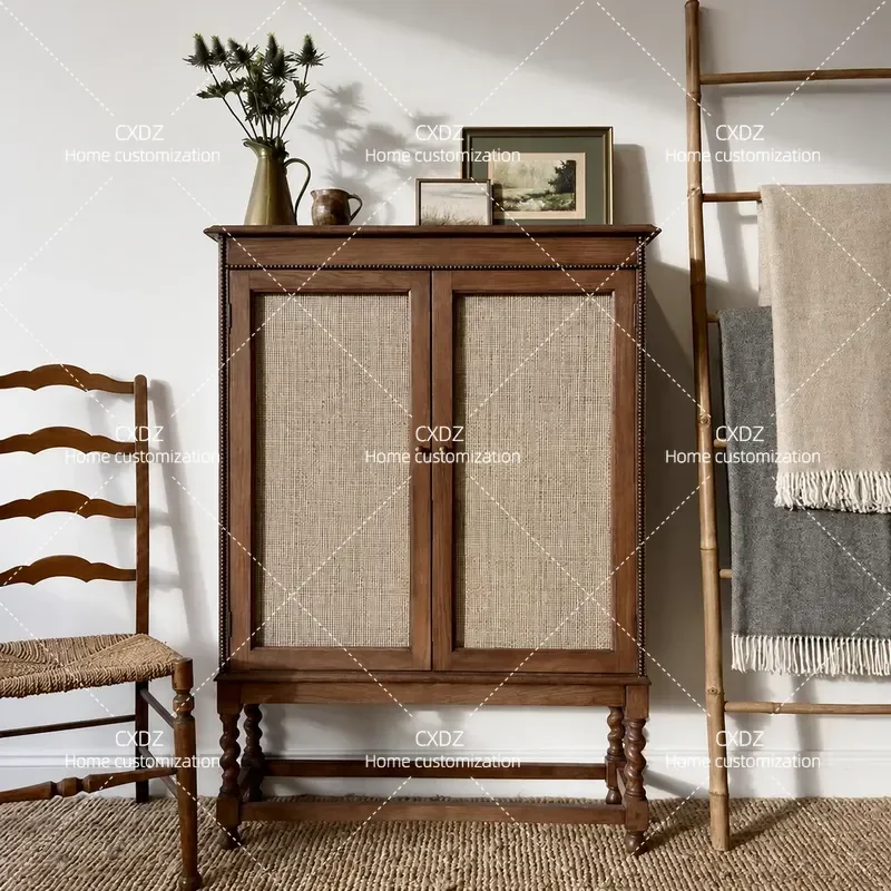 American Rural Retro Solid Wood Dining Side Cabinet Double Door Rattan Storage Locker Customizable