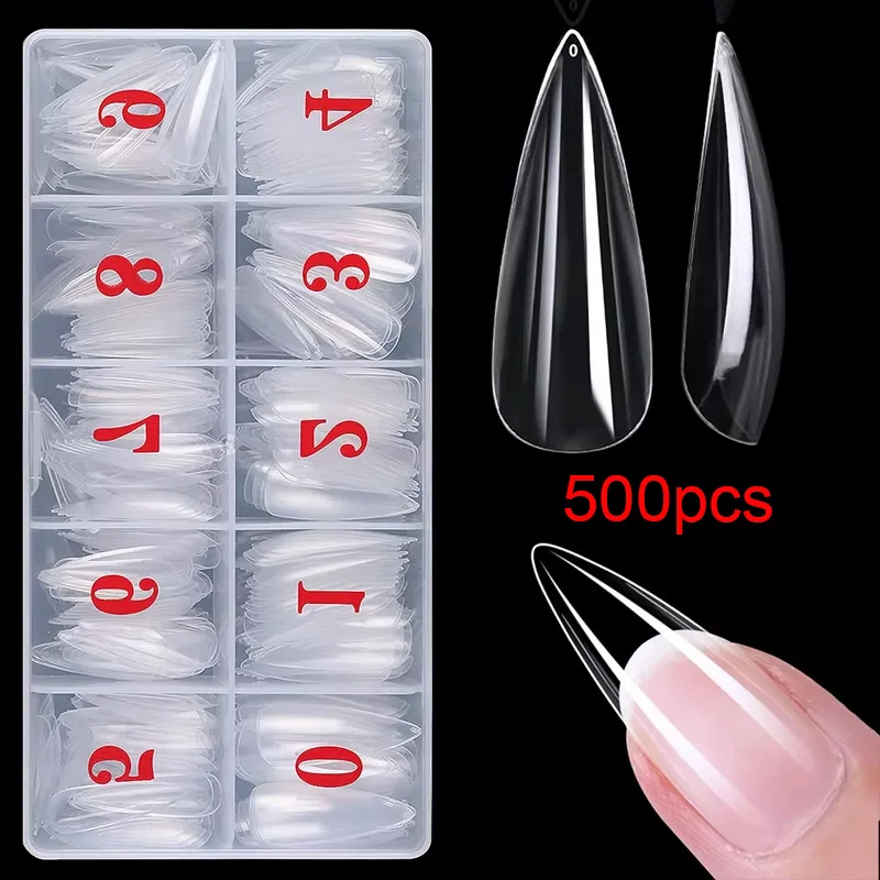 

500 шт./кор. патчи для ногтей с игольчатым наконечником, прозрачные бесцветные клейкие акриловые ногти, разные размеры накладных ногтей, инструменты для наращивания ногтей ручной работы