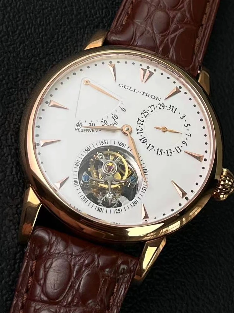 

Elegant Rose Gold Tourbillon Manual Mechanical Watch for Men with Seagull ST8001 Model with Multifunction Calendar Starry Dial