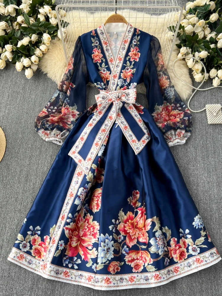 French Retro Elegant Dress Women Printed Floral High Waisted Bandage Long Dresses Ladies Slim A-line Sexy V-neck Party Long Robe