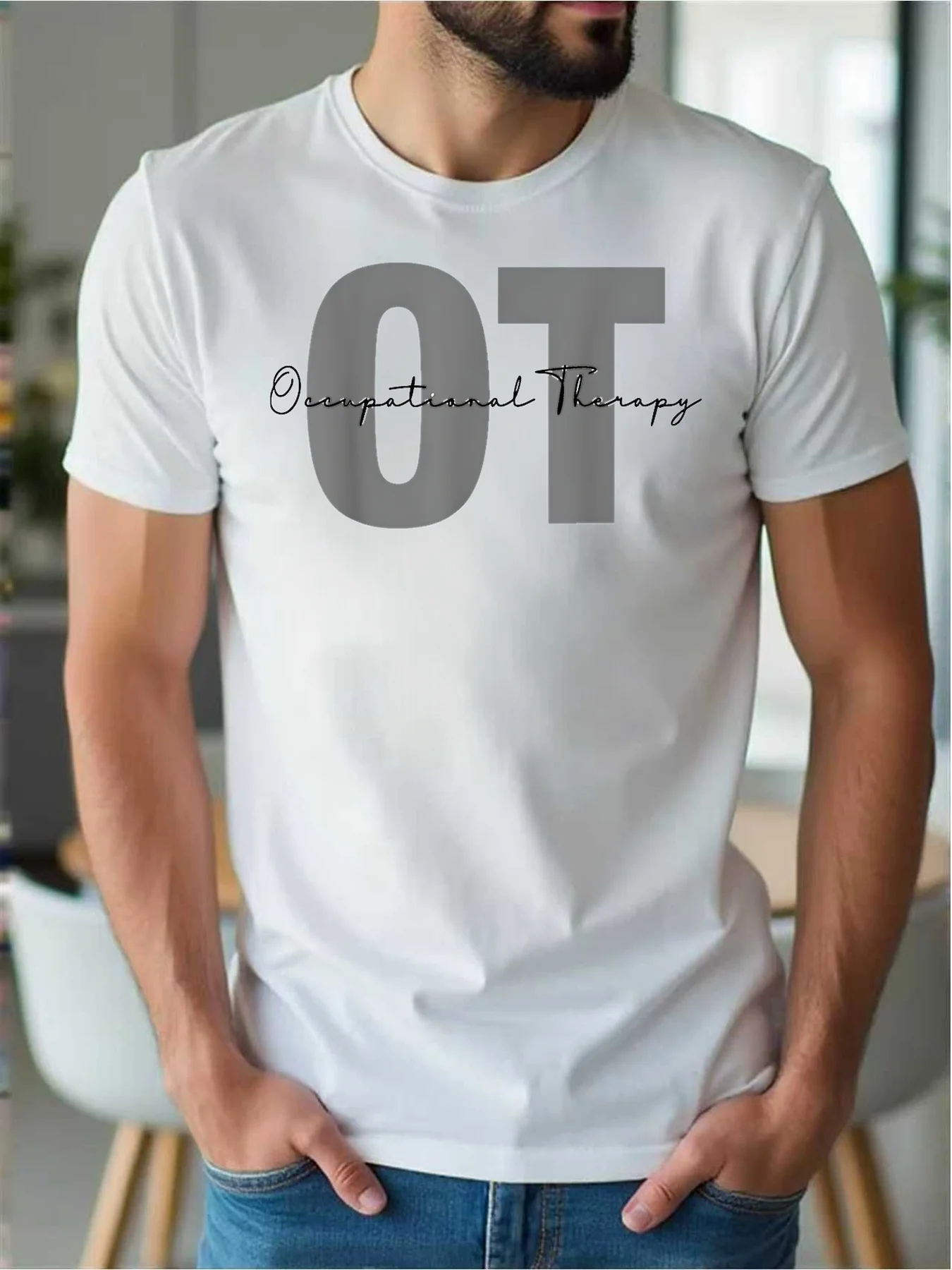 Men's T-Shirt with a Design Related to Occupational Therapy, Suitable for Casual Wear during Daily Tasks and Workouts. It Is an Excellent Gift for Therapists and Healthcare Professionals. It Features a Casual Short-Sleeve Style and a Regular Fit.
