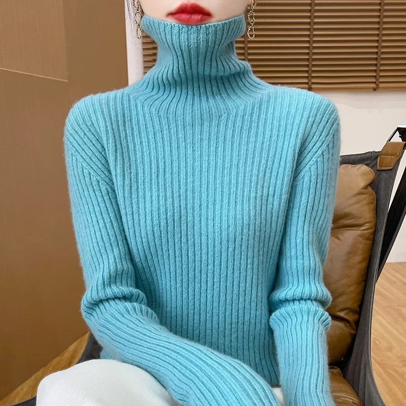 New Chic Women Turtleneck Pullover Sweater Spring Autumn Simple Style Pure Color Long Sleeve 100% Merino Wool Knitwear Korean