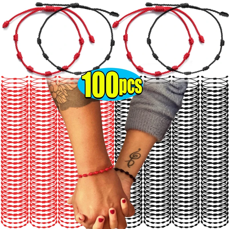 2/100pcs 7 Knots Red Black String Bracelet Woman Men Lucky Amulet Handmade Rope Bracelets Friendship Couple Wristband Jewelry