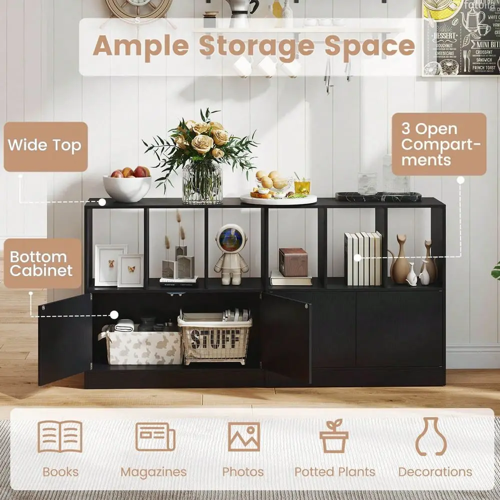 

1 2 PCS Cube Bookcase With Doors, Open Compartments Cabinet, Modern Display Shelf White Black