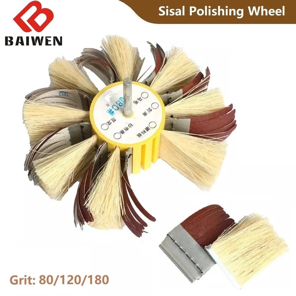 6“ Sisal & Emery Cloth Bristle Polishing Brush Wheel 160mm*6mm Shaft Mounted Sanding Disc for Wood