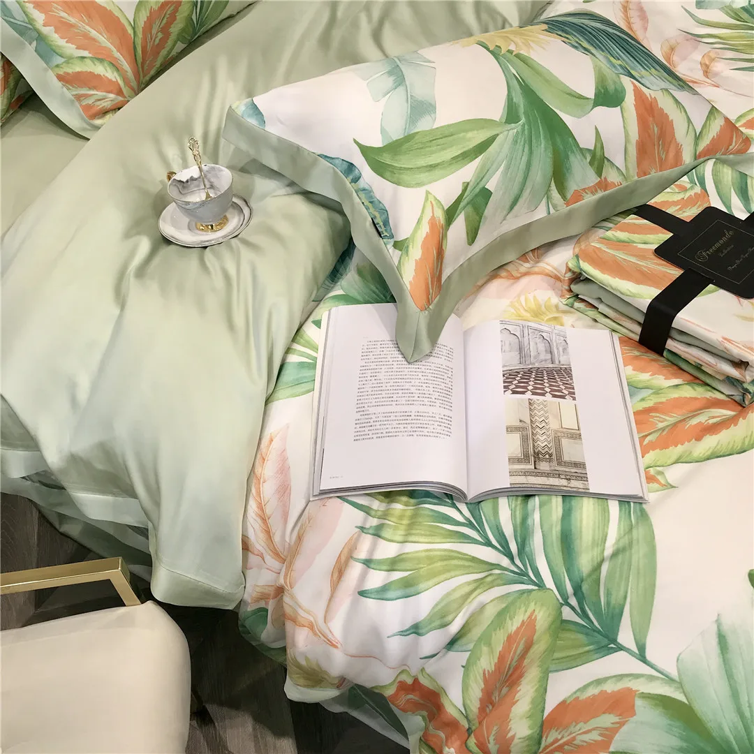 Imagem -02 - Conjunto de Cama de Quatro Peças de Algodão Capa Simples Confortável Floral Cor Verde Lençol de Casal Doméstico Mais Novo 2023