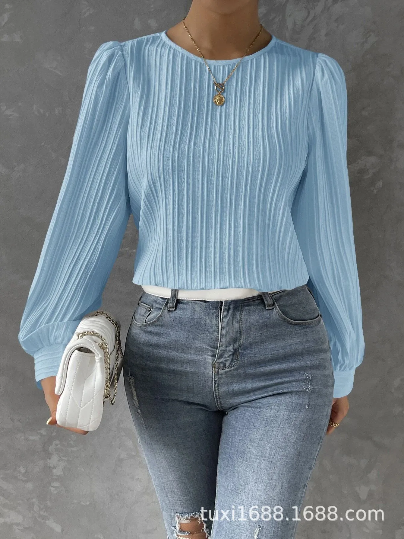 Women Blouse Long Sleeve Solid Color White Blouses Pleated Balloon Sleeve Light Blue Chiffon Blouse Crop Slim Fit Burgundy Top - view 3