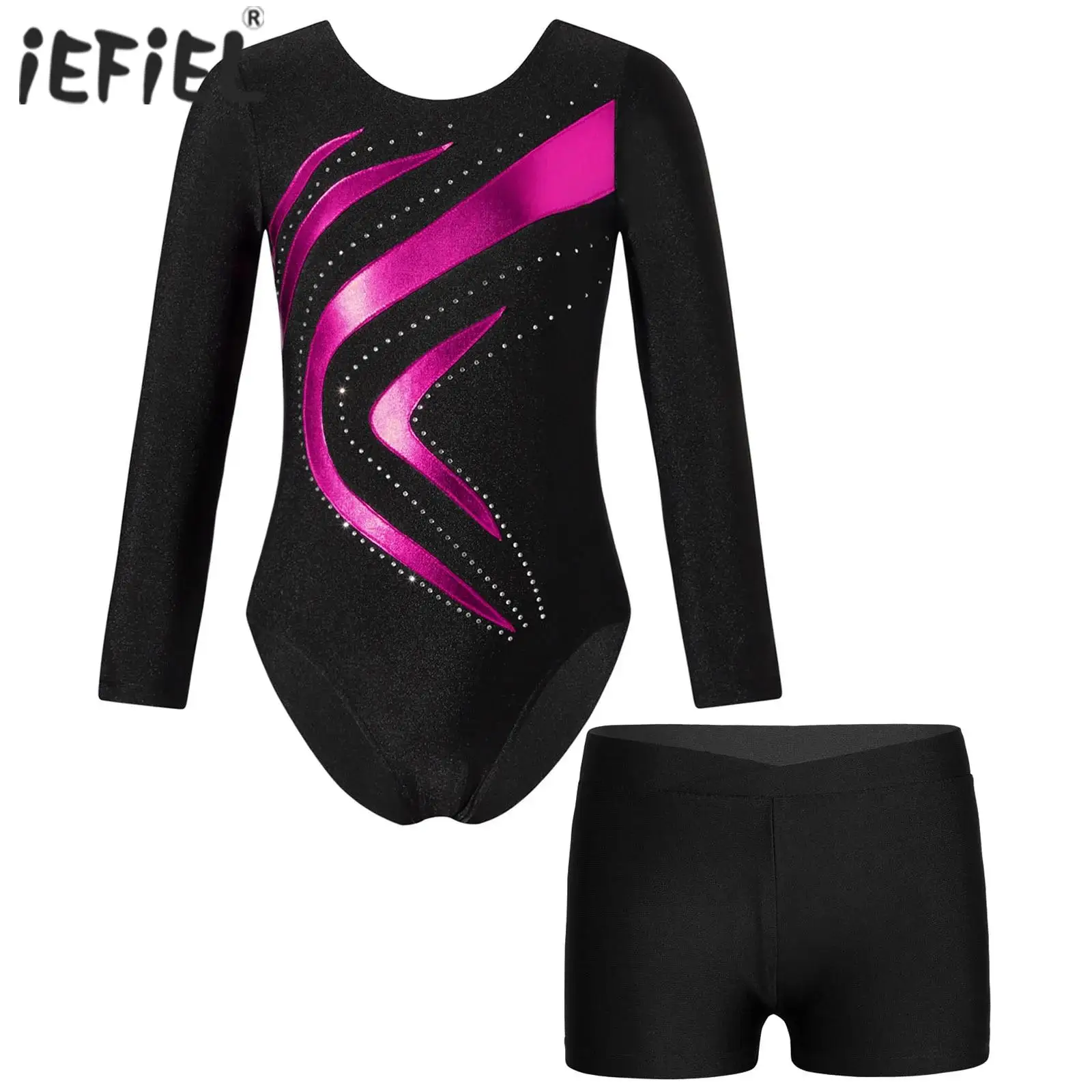 Kids Girls Ballet Dance Set Long Sleeve Rhinestones Leotard with Shorts for Sports Gymnastics Performance Competition Outfits