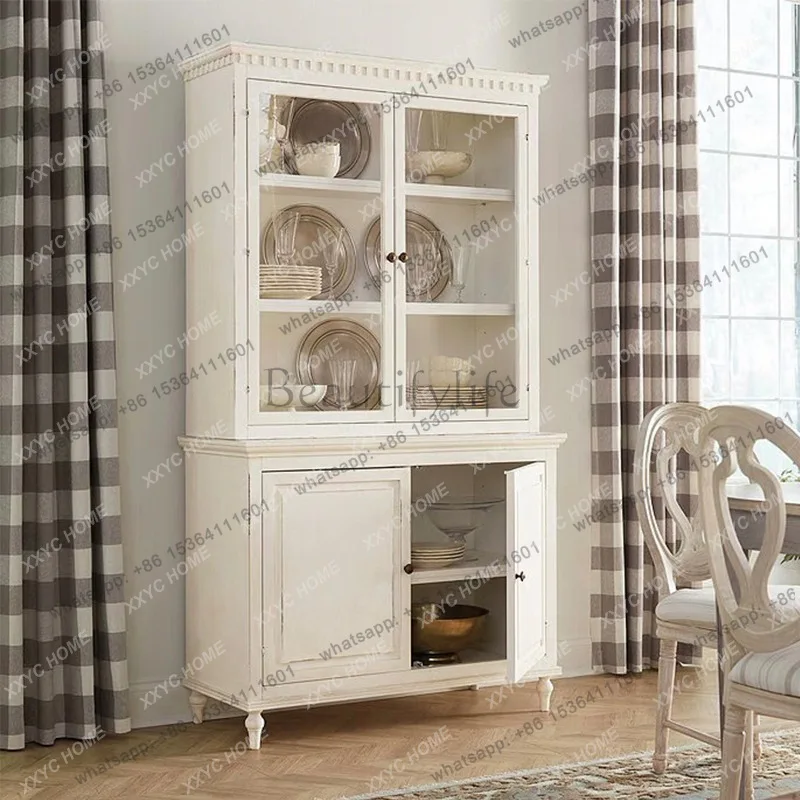 retro solid wood wine cabinet neoclassical solid wood glass door display cabinet