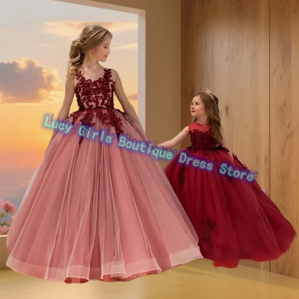 

High Quality Red Flower Girl Dress Tulle Fluffy With Lace Applique Little Princess Wedding Ball Dresses Kids Birthday Gowns