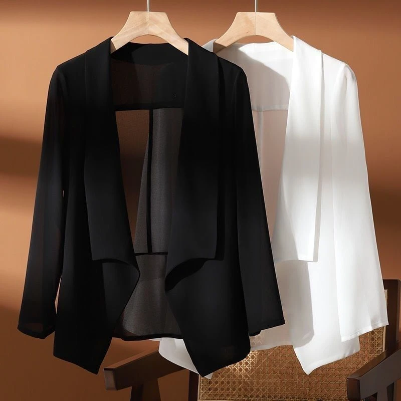 #3512 Black White See Through Chiffon Jacket Women Thin Sexy Short Sunscreen Coat Ladies Asymmetrical Kimono Jacket Cardigan