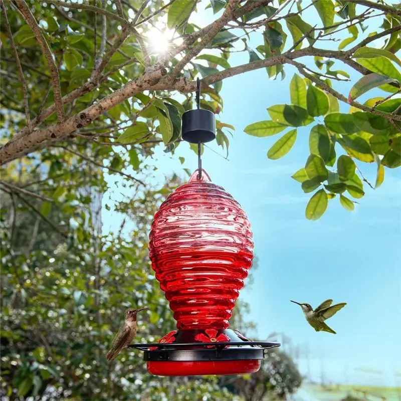 DT15 Glass for Hummingbird Feeder for Outdoors Hanging, 29oz Red Spiral Bottle, 5 Feeding for Ports, Durable & Rustproof