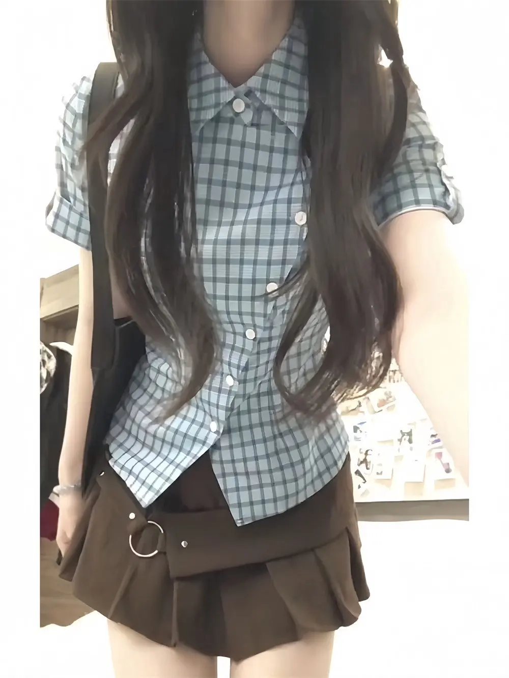 

Summer Neck Plaid Short Sleeve Women's Fashion Set with Pleated Skirt Sweet Cool Spicy Girl Style Chinese Brand