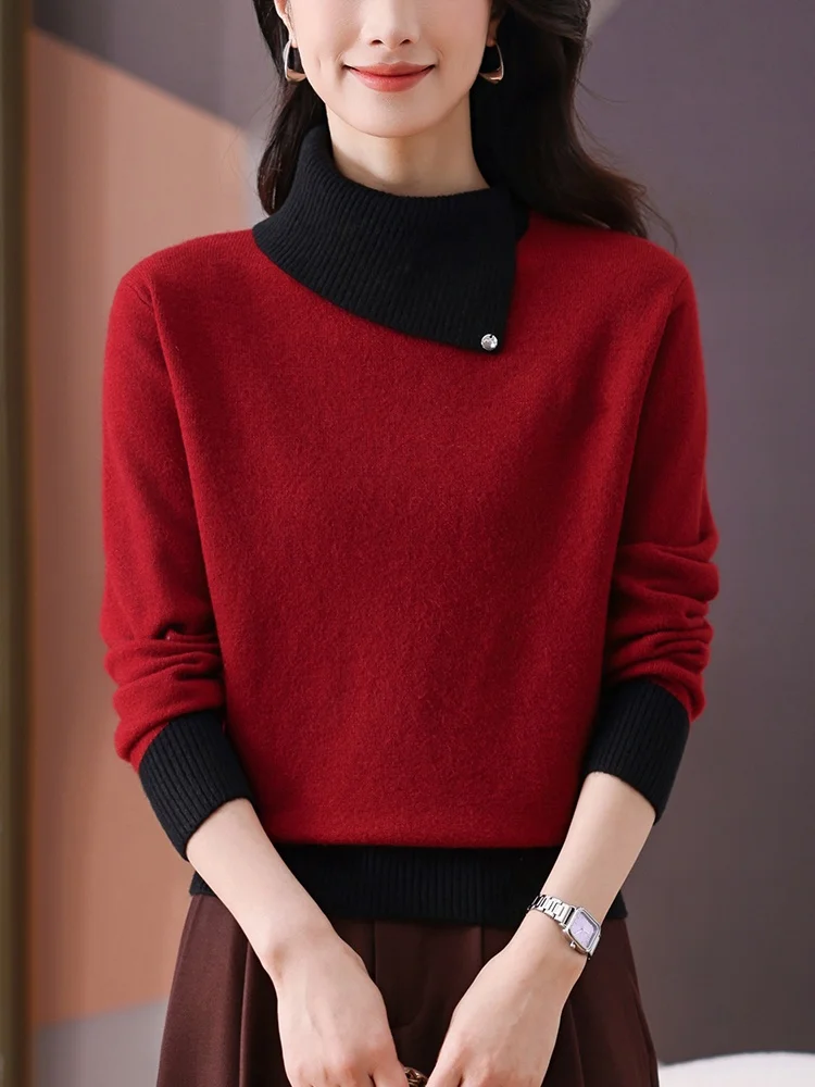 

Ladies Thiened Woolen Sweater Camere Collar Outerwear New Year's Faionable Base Layer Winter Autumn Knitted Long Sve